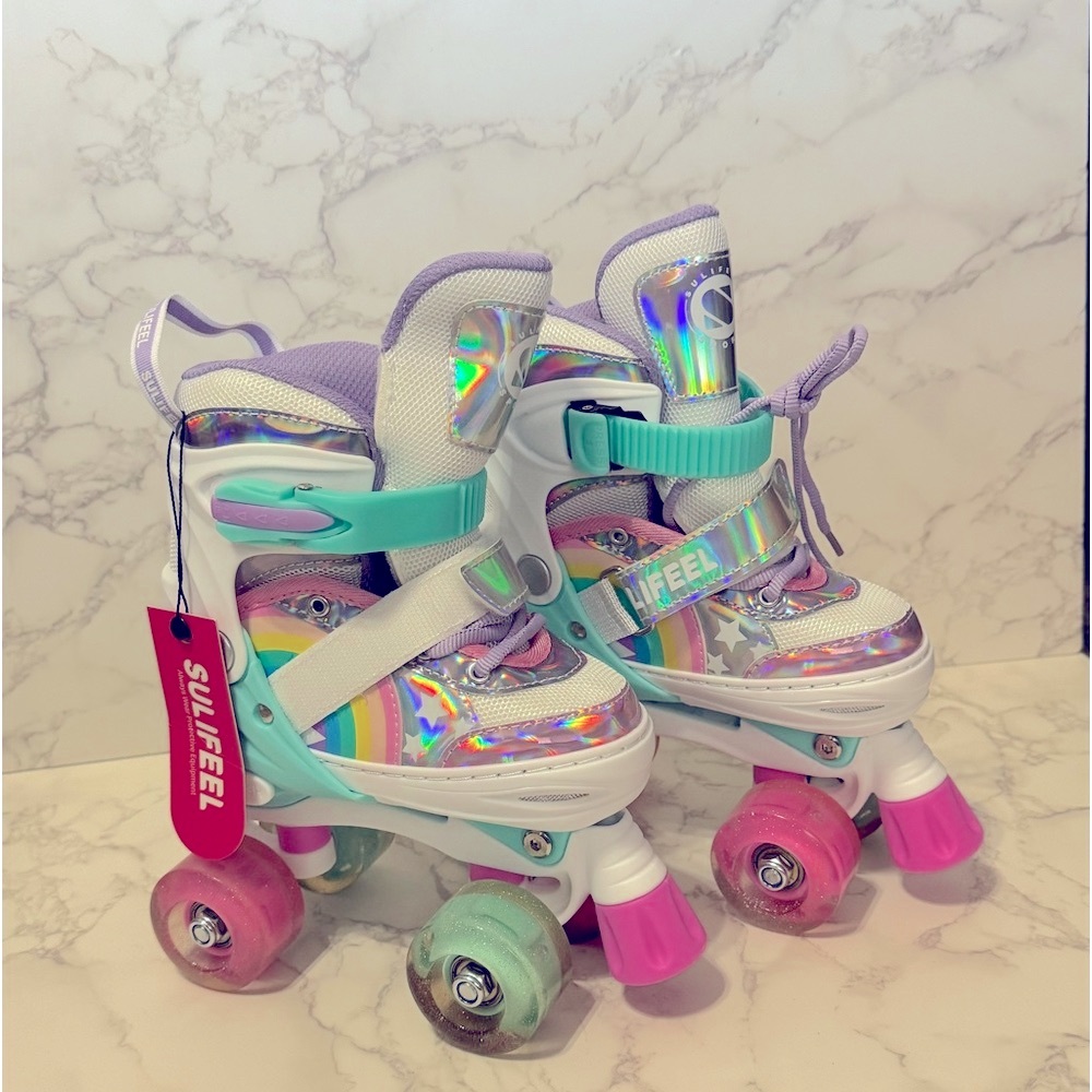 SULIFEEL Rainbow Unicorn 4 Size Adjustable Light up Roller Skates for Kids Small